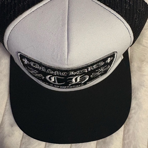 Chrome Hearts Black and White Logo Trucker Cap